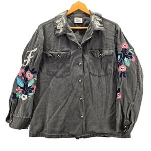 Etage Womens Floral Embroidered Button Down Shirt Grey Boho Split Back Shacket M
